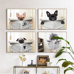 Dog Reading spaper Toilet Wall Art Canvas Prints Funny Painting Picture Home Bathroom Decor s Lover Gift 211222