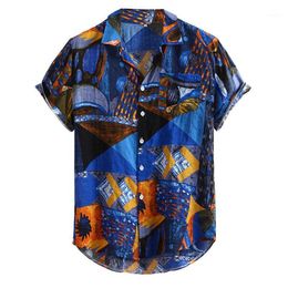 Men's Casual Shirts Camisa Masculina Fashion Mens Printed Vintage Ethnic Loose Cotton Short Sleeve Buttons 19July15 P301