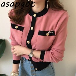 Chic French Autumn Fragrant Pink Loose Round Neck Contrast Color Sweater Women Short Gold Button Pocket Cardigan Orange Casual 201221