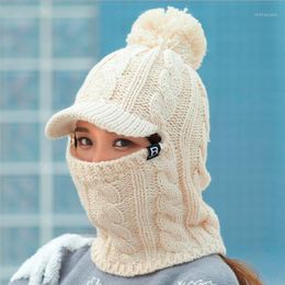 Beanie/Skull Caps Warm Neck Knit Hat Fur Pompoms Mask Winter For Girl Wool Knitted Female Balaclava Gorras Bonnet1