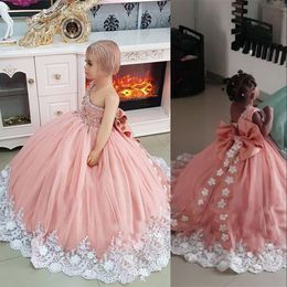 New Lovely Pink Puffy Girls Pageant Dresses One Shoulder White Lace Hand Made Flowers Beaded Sleeveless Kids Flower Girls Birthday Gowns