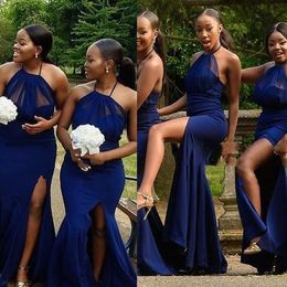 Navy Blue Bridesmaid Dresses Sexy Halter Side Slit Mermaid Floor Length Sleeveless Custom Made African Plus Size Maid Of Honor Gowns 403