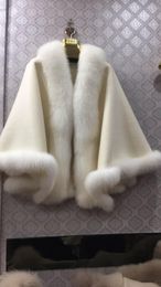 100% wool shawl with natural fox fur collar bottom trimming cape drop shipping wrap furry winter autumn wedding luxurious white 201103