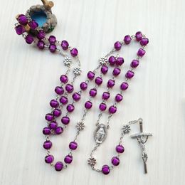 Vintage Jesus Cross Rosary Necklace Purple Acrylic Long Necklace For Women Religious Jewelry