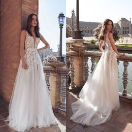 2021 A-Line Wedding Dresses Sexy Deep V Neck Lace Appliques Bridal Gowns Custom Made Backless Sweep Train Plus Size Wedding Dress