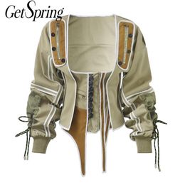 Getspring Women Coat Jackets Drawstring Bandage Irregular Vintage Coats Women Square Collar Spring Coat Loose Plus Women Jacket 201023