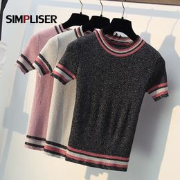 Bling Summer Tees For Women Knitted Tops O-neck Short Sleeve Sweaters 2019 Ice Cool Knitting shirts Striped Casual Clothings T200527