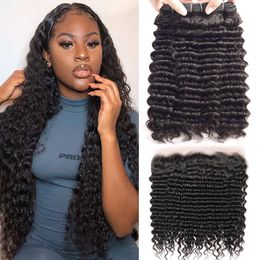 10A Brazilian Deep Wave Raw Human Hair 3 Bundles With 13x4 Transparent Frontal Closure Ear to Ear