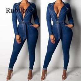 Womens Jumpsuits Rompers 2021 Denim Jumpsuit Women Long Sleeve Front Zipper Jeans with Sashes Plus Size Belted Streetwear Overal