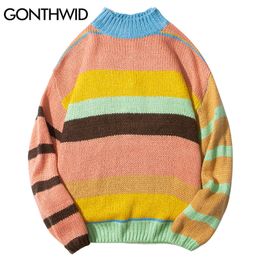 GONTHWID Color Block Striped Knitted Sweaters Harajuku Hip Hop Casual Pullover Jumper Sweater Streetwear Mens Fashion Tops 201022
