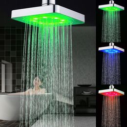 3Colors LED Temperature Changing Square Rainfall Shower Head Spary Light Water Sprinkler Bathroom Wall Mounted 150x150x15mm Y200109