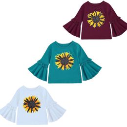 3 Colours Kids Girls sunflower flare Sleeve T-shirts Fashion boutique Clothes Tops Children Cotton Tees Clothing M3024