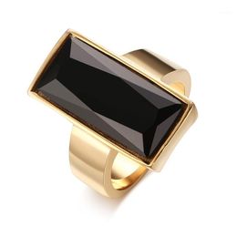 Womens Rings Stainless Steel Gold-color Rectangular Black Glass Crystal Ring for Women Fashion Jewelry,Best Friend Gift1