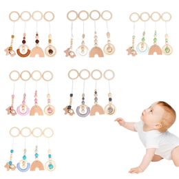 4 Pcs/Set Baby Play Gym Frame Stroller Hanging Pendants Wooden Ring Teether Molar Teething Nursing Rattle Toys Gifts Infant Room 220216