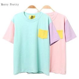 Women'S Punk Harajuku Ulzzang School Candy Color Patch Loose Pocket T Shirt Female Korean Kawaii Cute Tee And Top M-2XL T200614