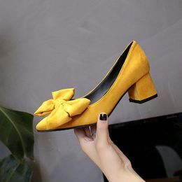 2021 Spring Autumn Pumps Shoes Med High Heel Pointed Toe Chunky Square Heel Slip On Pumps With Big Bow Sweet Women Shoes