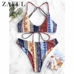 ZAFUL Women Ethnic Flower Strappy Bikini Set Spaghetti Straps Wire Free Swim Suit Paisley High Cut Sexy Swimwear Biquini T200508