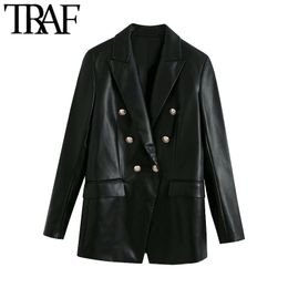 TRAF Women Fashion Double Breasted Faux Leather Blazers Coat Vintage Long Sleeve Back Vents Female Outerwear Chic Tops 201201