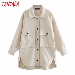 Tangada Women oversize big pocket jacket coat turn down collar Ladies Long Sleeve loose boy friend Coat 4M245 201112