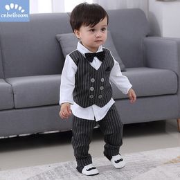 New Kids Boy Clothes Baby Gentleman Suit Clothing Sets Fake two piece vest shirt Toddler children 1-4Y Birthday Party Dress 201127