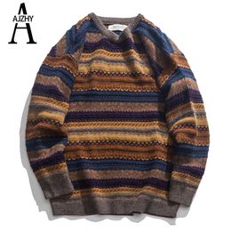 Fashion Korean Striped Mens Sweaters Casual Vintage Winter Sweater Hip Hop Knitted Pullover Big Sizes Sweater Jacket Tops 201123