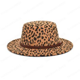 Ladies Fedora Hat Leopard Print Women Fedoras Winter Vintage Wool Blend Flat Top Bowler Hat Wide Brim Cowboy Hat