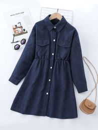 Girls Flap Pocket Corduroy Shirt Dress SHE01