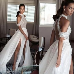 Bohemia Newest Sexy Beach Wedding gown High Neck Off Shoulder Delicate Beaded Chiffon Split Backless wedding Dresses