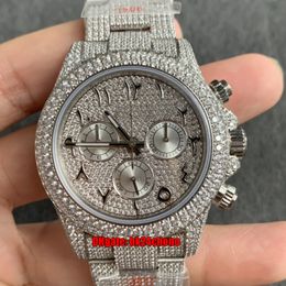 JVS Watches 40mm Iced Out Full Diamond ETA7750 Automatic Chronograph Mens Watch Pavé Diamonds Arabic Dial 904L Steel Bracelet Bracelet Oyster Gents Wristwatches