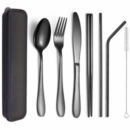 Black Tableware Set Stainless Steel Cutlery Set Portable with Box Travel Picnic Dinner Set 7 Piece Utensils Reusable EcoFriendly 201116