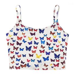 Women Sleeveless Crop Top Multicolor Butterfly Print Spaghetti Strap Camis Vest1