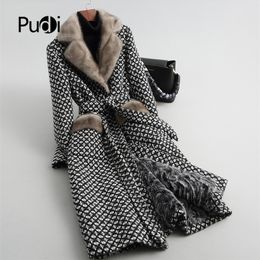 Pudi women real mink fur collar coat jacket trench female sheep Lamb Fur liner coats long parka A59051 201201