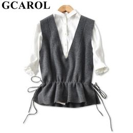 GCAROL New Women Deep V Neck Waistcoat 30% Wool Drawstring Waist Short Knit Vest Fall Winter Korean Soft Handle OL Vest Coat 201214