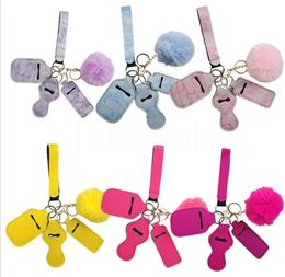 11 Colors 5pcs Defense Keychain Set home Pompom Hand Sanitizer Wrist strap Lipstick Keychains Silver Keyring For Woman Men Self-defense Keyrings