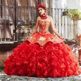 Traditional Red Sweetheart Ball Gown Quinceanera Dresses Vintage Embroidery Lace Appliques Ruffles Tiered Skirt Long Sweet 16 Dress Prom