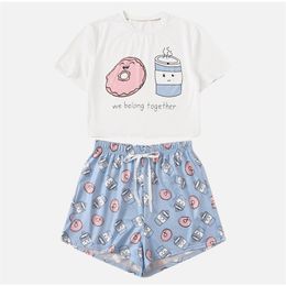 Summer Pajama Women's Set Sweet Short Sleeve T Shirt With Elastic Waist Shorts Home Clothes For Women 2020 Casual Female Pajamas Y200708