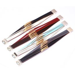 Hot sale ladies color matching multilayer alloy bracelet with magnet clasp leather bracelet
