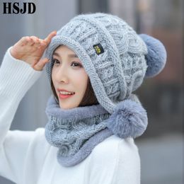 Winter Hats For Women Sequins Knitted Scarf Hat Cute Ear Warm Skullies Beanies Caps Neck Warmer Knit 2 Pieces Set