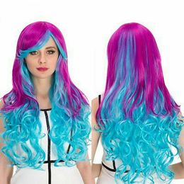 Purple Gradient Blue Long Inclined Bang Wavy Cosplay Synthetic Wig