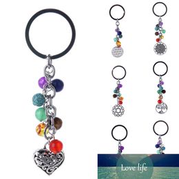 DIEZI 8mm Fashion Multicolor Yoga Healing Natural Stone 7 Chakra Pray Keychain Car Key Chain Ring Heart Pendant for Bag