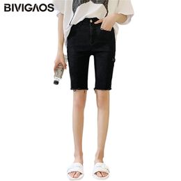 BIVIGAOS Women Summer New Black Stretch Jeans Shorts Casual Biker Shorts Slim Thin Skinny Ripped Knee Short Hole Denim Shorts LJ200815