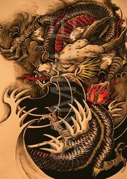-Dragón chino Tatuaje Pinturas Arte Película Imprimir Cartel de Seda Decoración de Pared Hogar 60x90cm