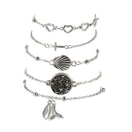 Multilayer Bracelet Set Cross Geometry Set Female Love Heart Shell Fishtail Charms Bracelets