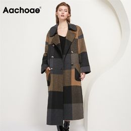 Aachoae Women Vintage Plaid Woollen Long Coat With Pockets Double Breasted Fashion Overcoat Female Batwing Long Sleeve Wool Coats 201216