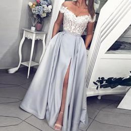 BEPEITHY Off The Shoulder Long Evening Dress Lace Vintage Sweetheart Formal Gown With Pockets High Slit Prom Dress For Women 201114
