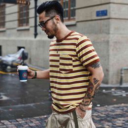 Saucezhan Tops & Tees t shirt Men's T-shirt striped t-shirt Classic pocket T-shirt Summer cotton short sleeve O-Neck 210g G1229
