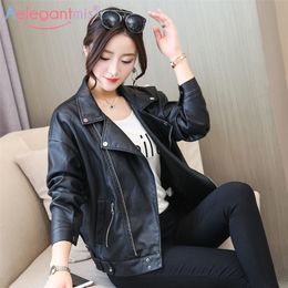 Aelegantmis Classic Black Women Loose Pu Leather Jacket Autumn Winter Plus Size Outwear Ladies Soft Faux Leather Biker Jacket LJ201012