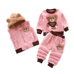 Children Clothing Sets Winter Plus Velvet Thick Warm 3Pcs Outfit Cartoon Bear Baby Boys Clothes Sport Tracksuit Set For Girls 211224