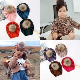 New 18 color Autumn Winter Infant Baby Pleuche Hat Fur Ball Turban Headwrap Hats Girls Children Hats Kids Cap Beanies