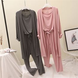 Modal Pyjamas Suits Women Home Wear Fashion Goddess Cardigan+tank Top+pants Three-Pieces Set Outfit Lazy Wind 201217